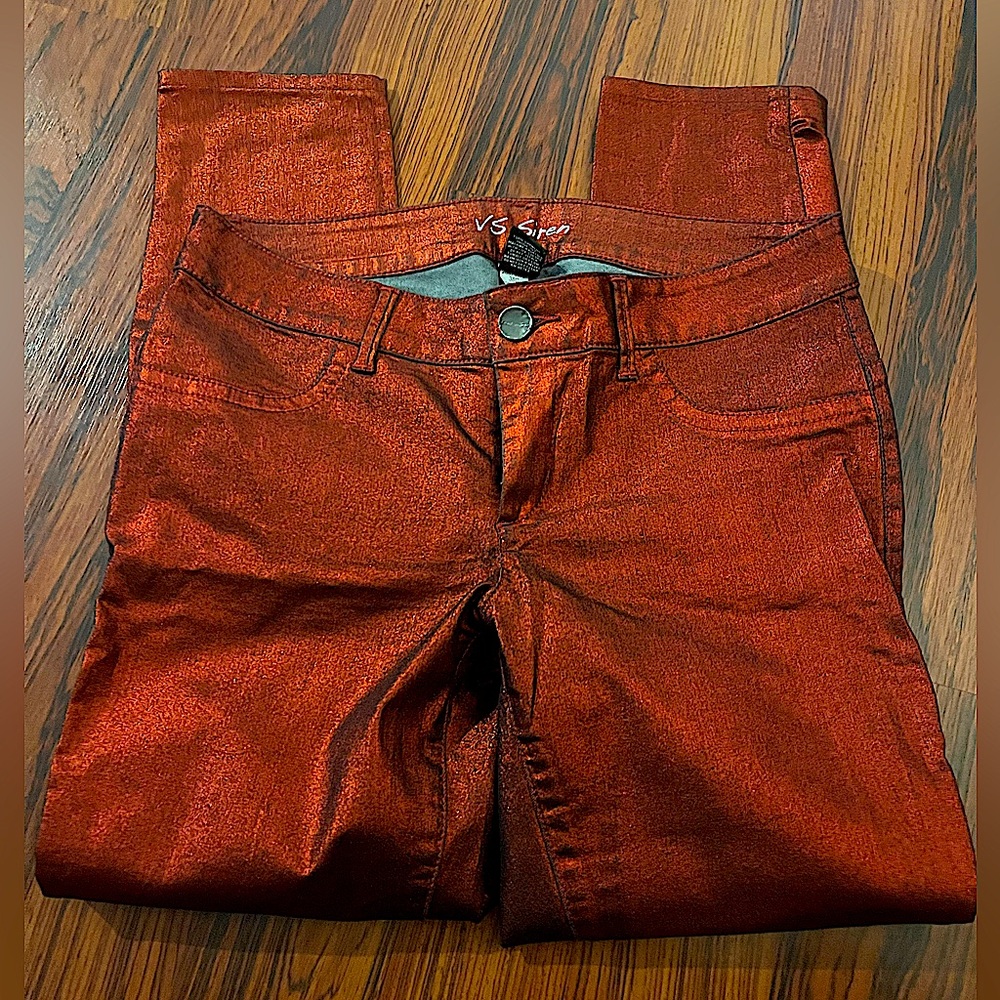 Women’s Red Metallic Skinny Jean Style Pants, Size 12